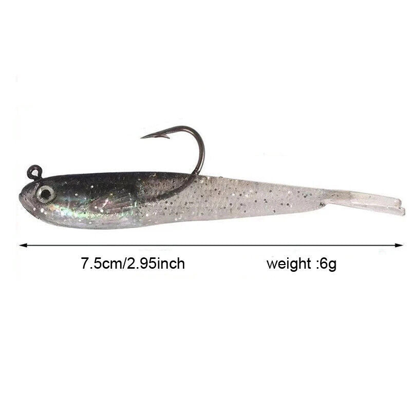 5 x SOFT FISHING LURES SET 7.5cm, HOOKS