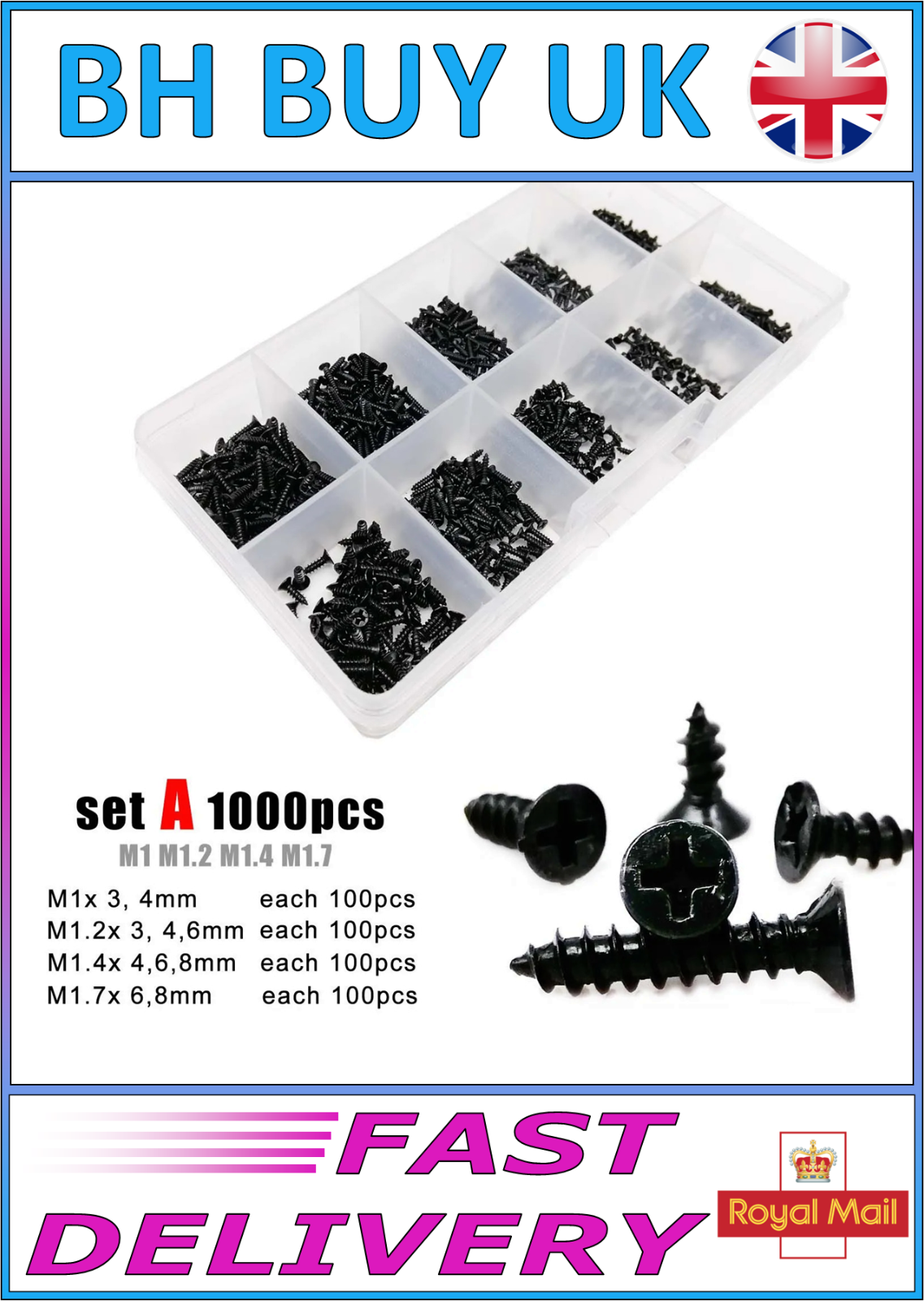 1000 x PHILIPS COUNTERSUNK HEAD SELF TAPPING SCREWS BLACK M1 M1.2 M1.4 M1.7 SET