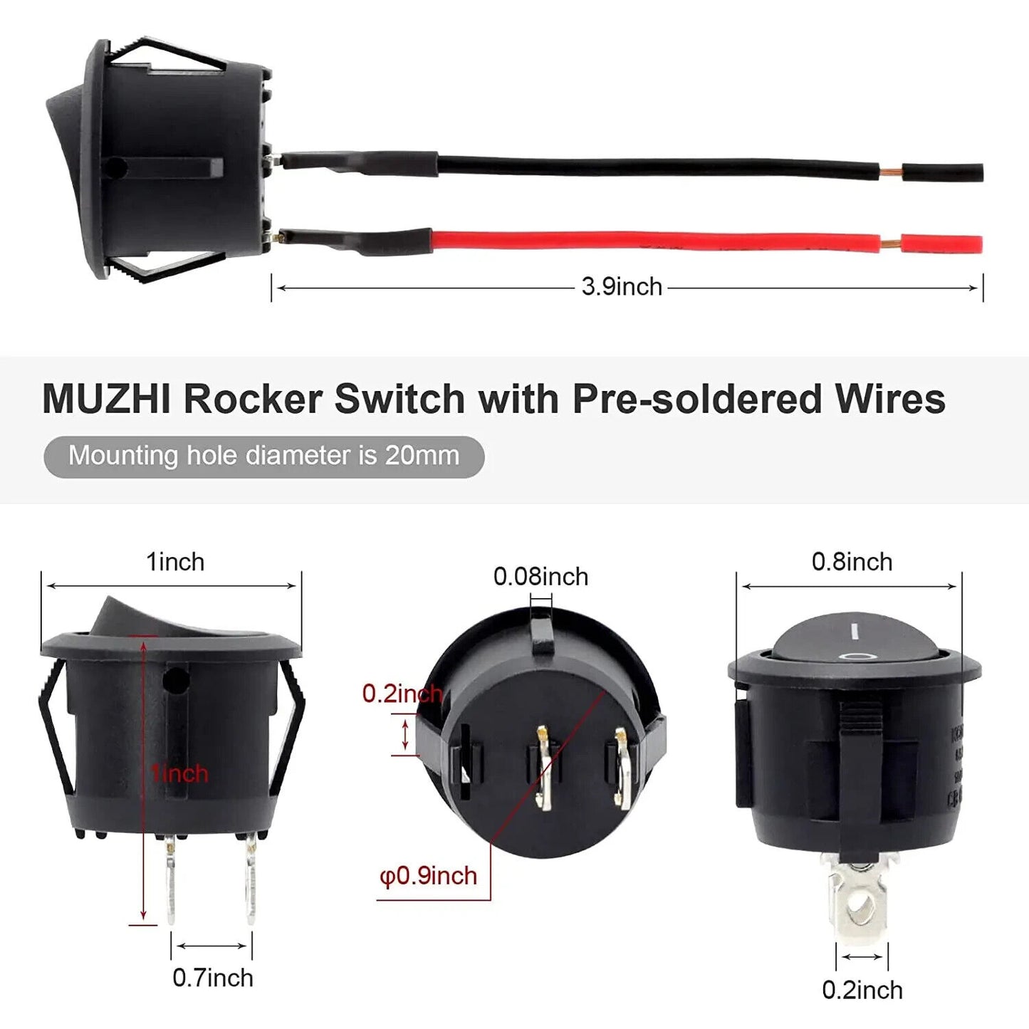 6 PACK PRE WIRED MINI ROCKER SWITCH 12V, ON OFF, TOGGLE, DC, 10A