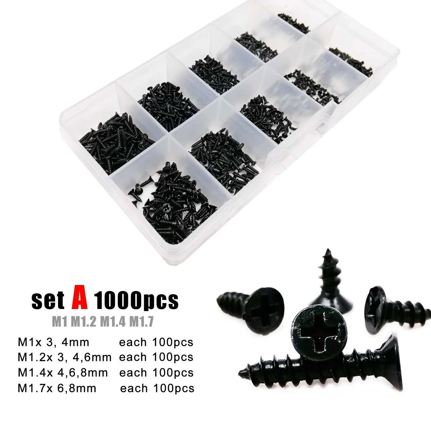 1000 x PHILIPS COUNTERSUNK HEAD SELF TAPPING SCREWS BLACK M1 M1.2 M1.4 M1.7 SET