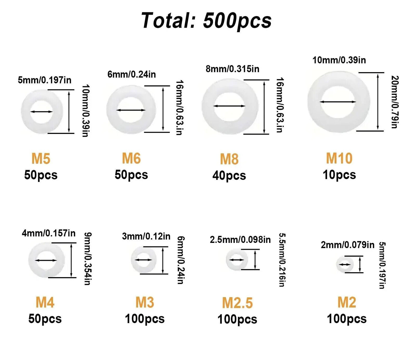 500 x FLAT NYLON WASHER SET, M2 M2.5 M3 M4 M5 M6 M8 M10 WHITE GASKET PLASTIC