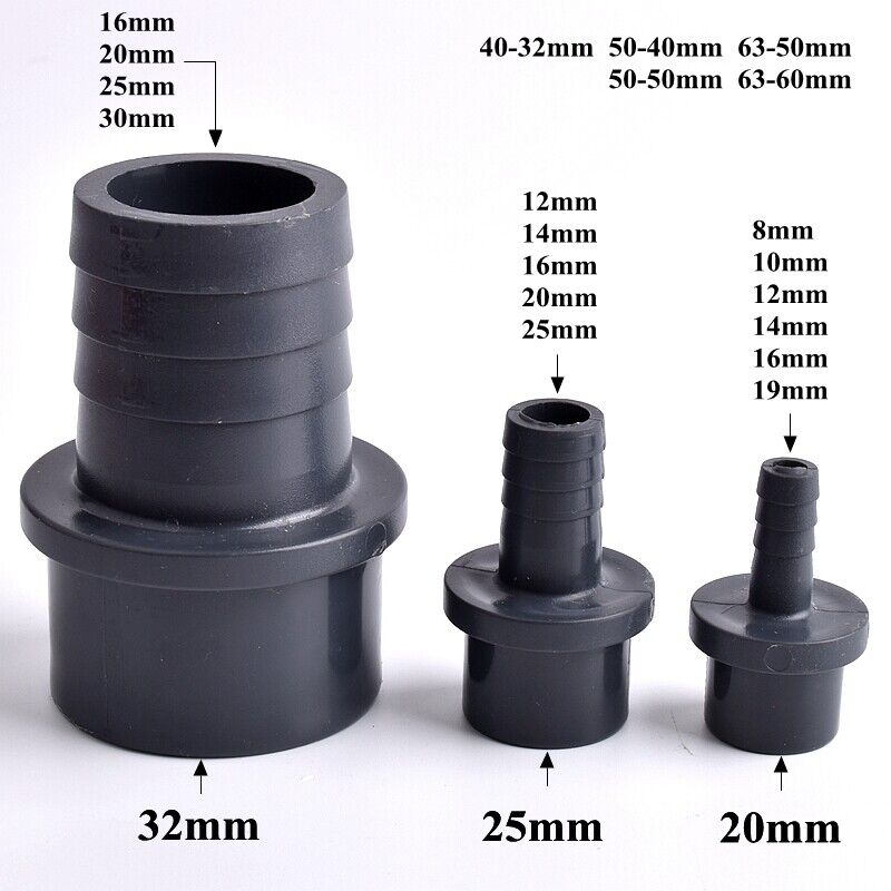 AQUARIUM POND FLEXIBLE HOSE TO SOLVENT WELD PIPE PVC FITTING 8 10 12 20 25 32mm