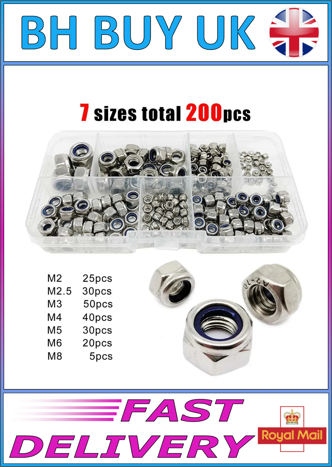 200 x STAINLESS STEEL SELF LOCKING NYLON NUT SET, M2 M2.5 M3 M4 M5 M6 M8