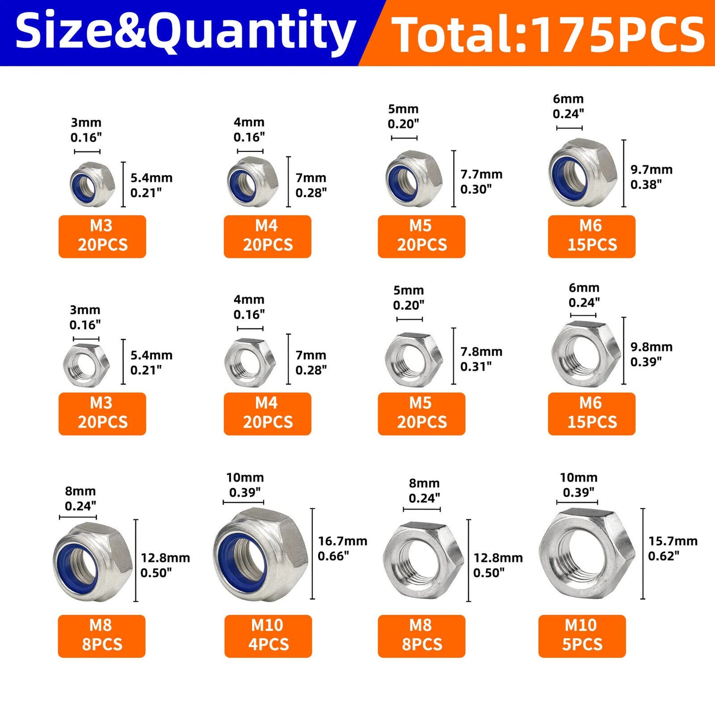 175 x STAINLESS STEEL NYLON LOCKING NUTS M3 M4 M5 M6 M8 M10 HEX NUT BOLTS METRIC