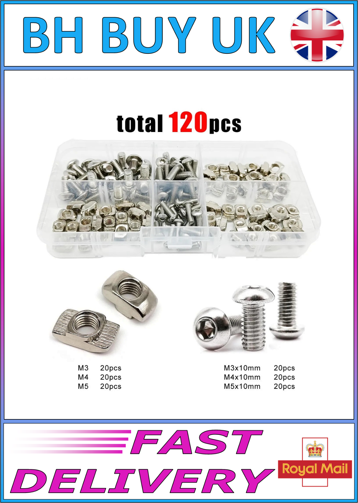 120 x T SHAPED SLIDING NUTS & SCREWS, M3 M4 M5 KIT SET, ALUMINIUM EXTRUSION SLOT