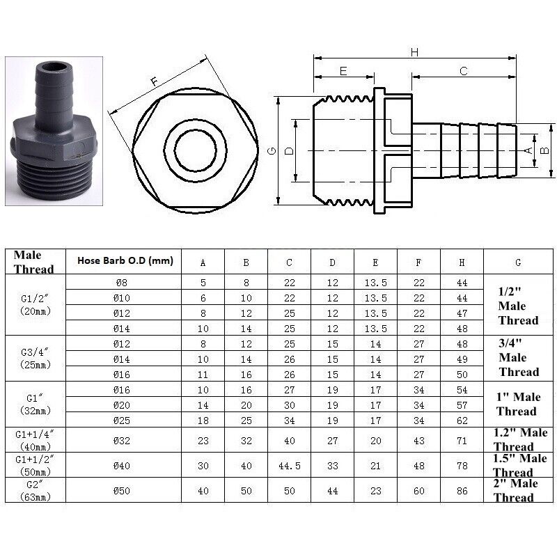 AQUARIUM POND FLEXIBLE HOSE TO 1/2 3/4 MALE BSP PIPE PVC FITTING 8 10 12 14 16mm