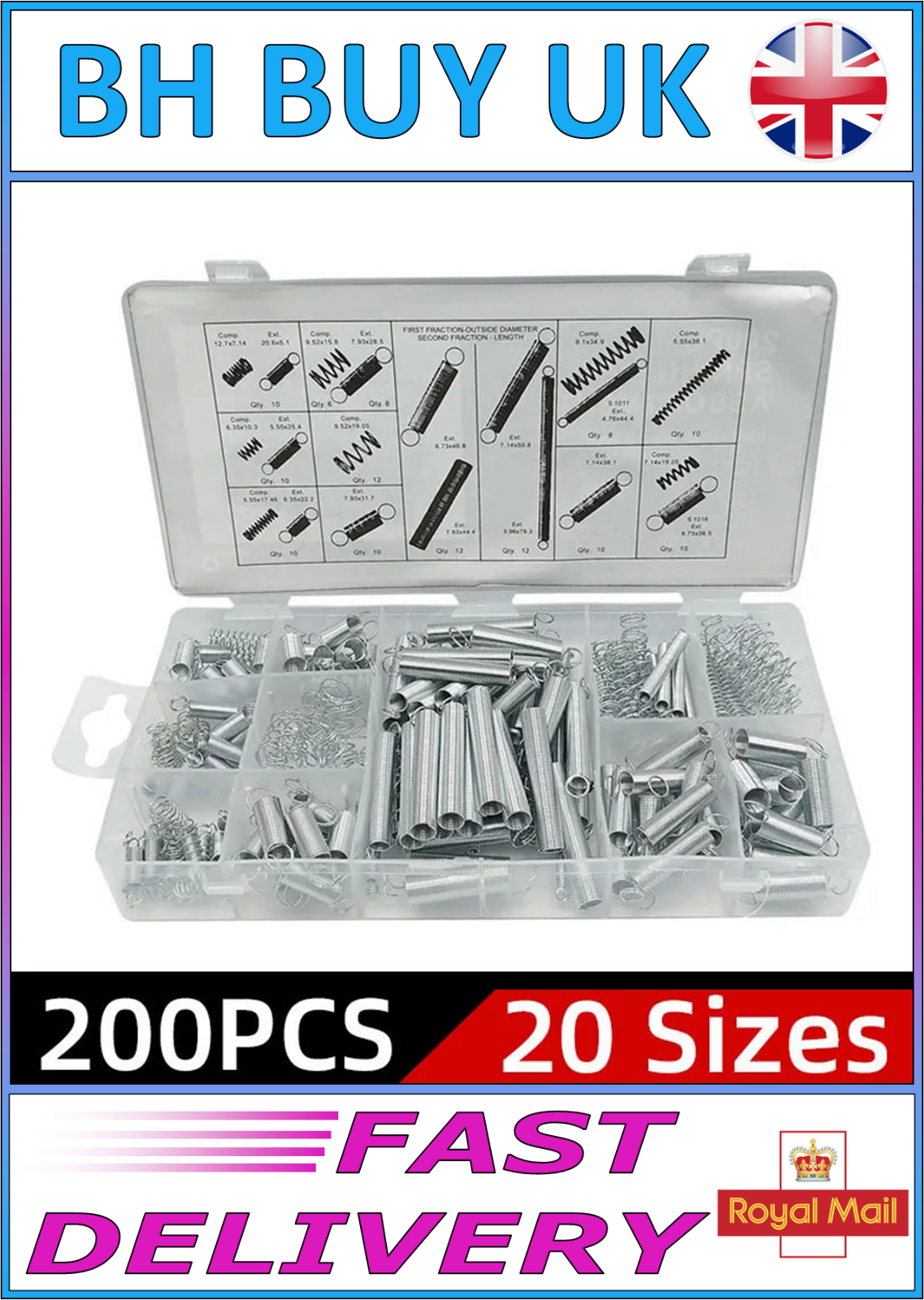 200 x TENSION & COMPRESSION SPRINGS ASSORTMENT 20 SIZES, SPRING, ALLOY EXTENSION