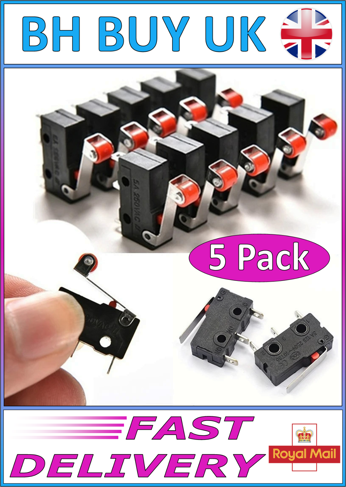 5 x MICRO ROLLER LEVER ARM OPEN CLOSE LIMIT SWITCH KW12-3 PCB MICROSWITCH