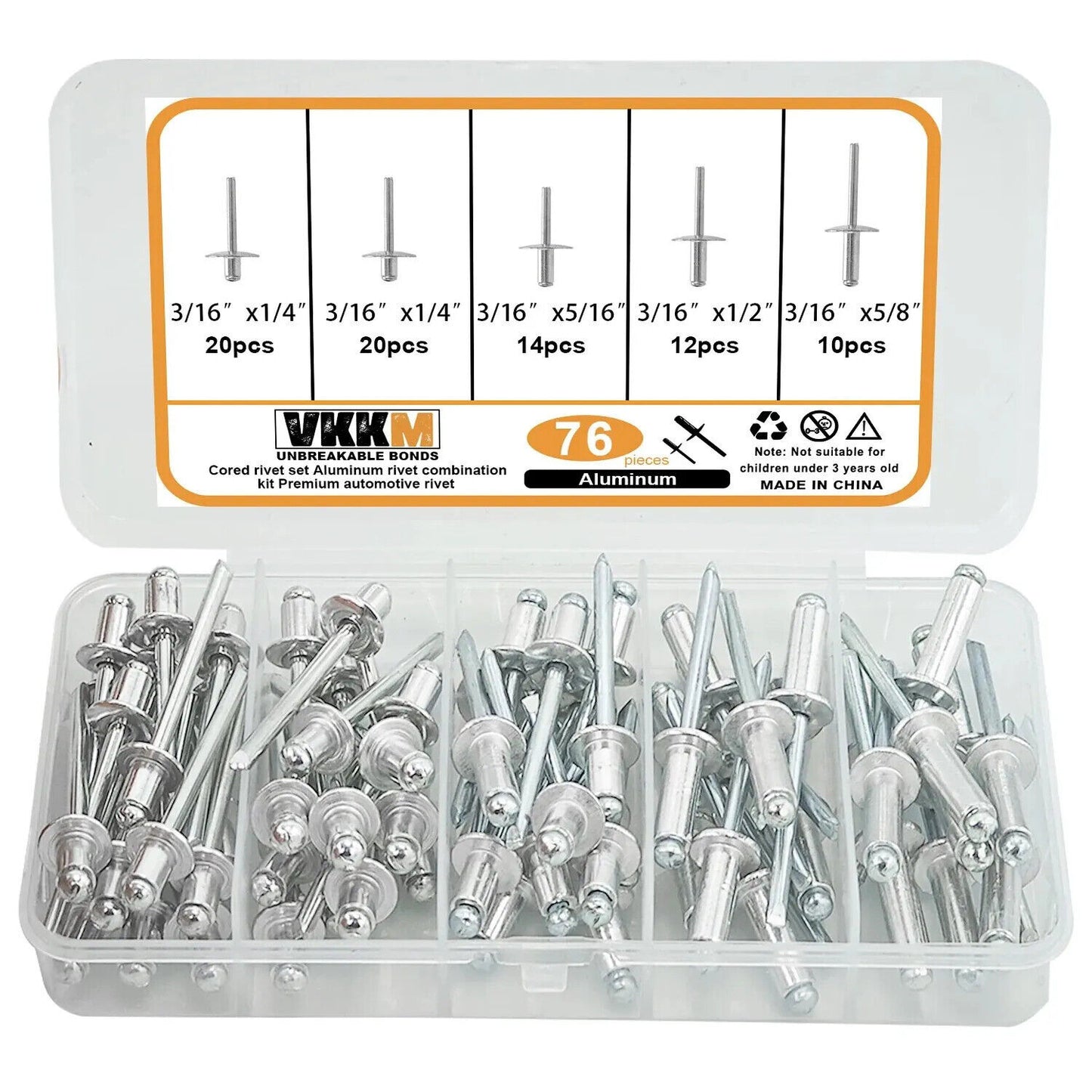 76 x ALUMINIUM COUNTERSUNK HEAD CORE PULLING RIVETS SET, 4 SIZES