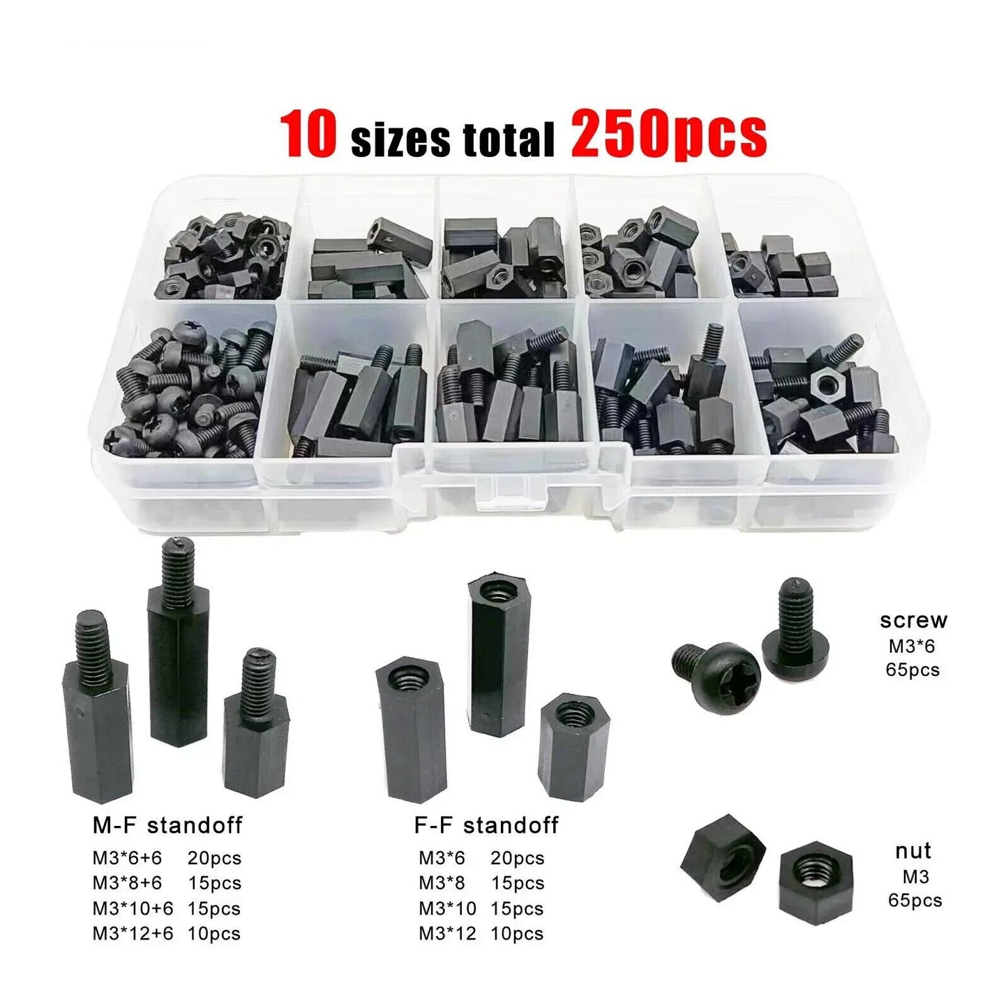 250 x BLACK NYLON INSULATED HEX STANDOFF PILLAR SPACER SCREW NUT SET MIX SIZE