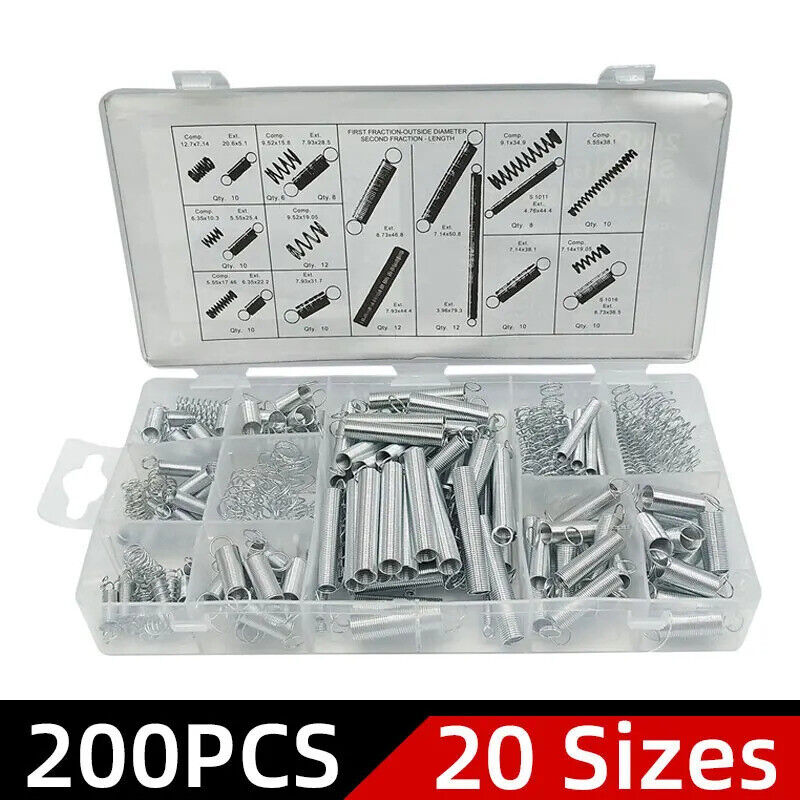 200 x TENSION & COMPRESSION SPRINGS ASSORTMENT 20 SIZES, SPRING, ALLOY EXTENSION