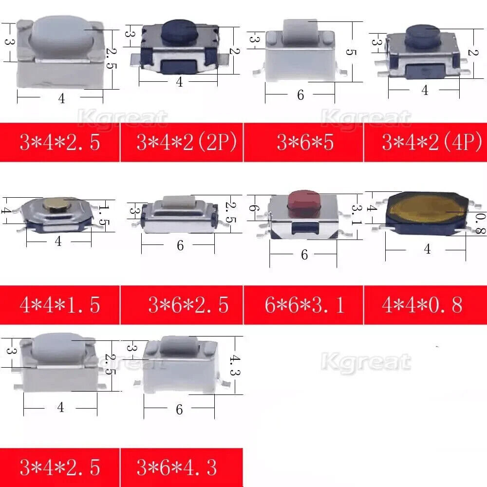 250 x TACTILE PUSH BUTTON SWITCHES, CAR REMOTE KEY FOB, 10 TYPES, MICROSWITCH