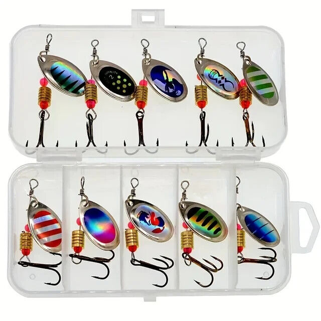 10 x SPINNER FISHING LURES SET IN CASE