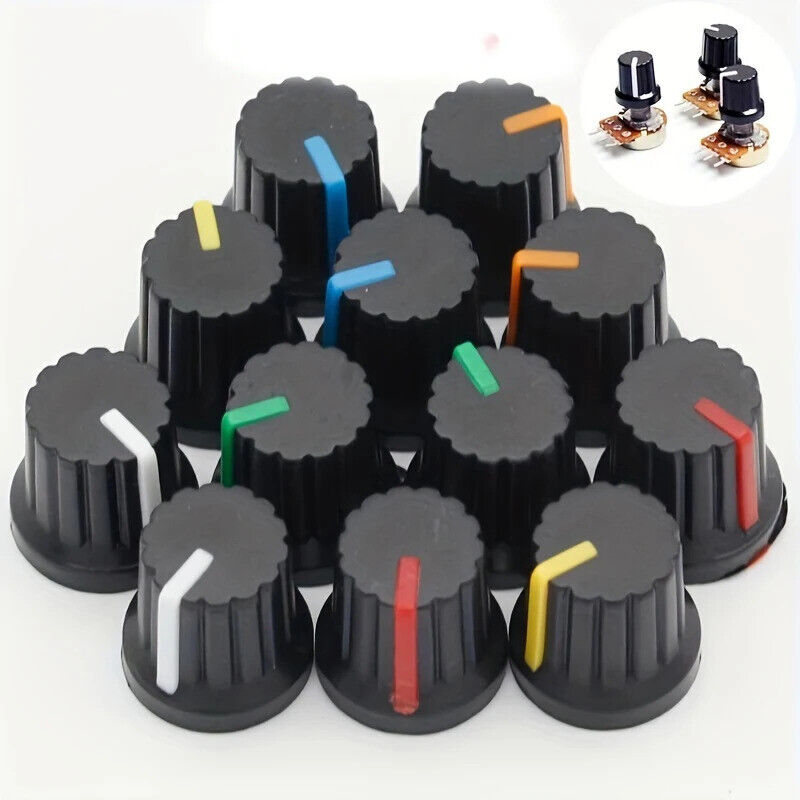 30 x POTENTIOMETER KNOBS 15x17mm 6mm PLASTIC CAPS 5 COLOURS