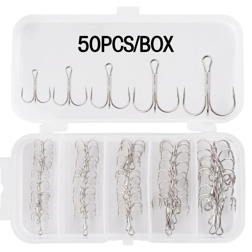 50 x HIGH CARBON STEEL TREBLE FISHING HOOKS IN BOX