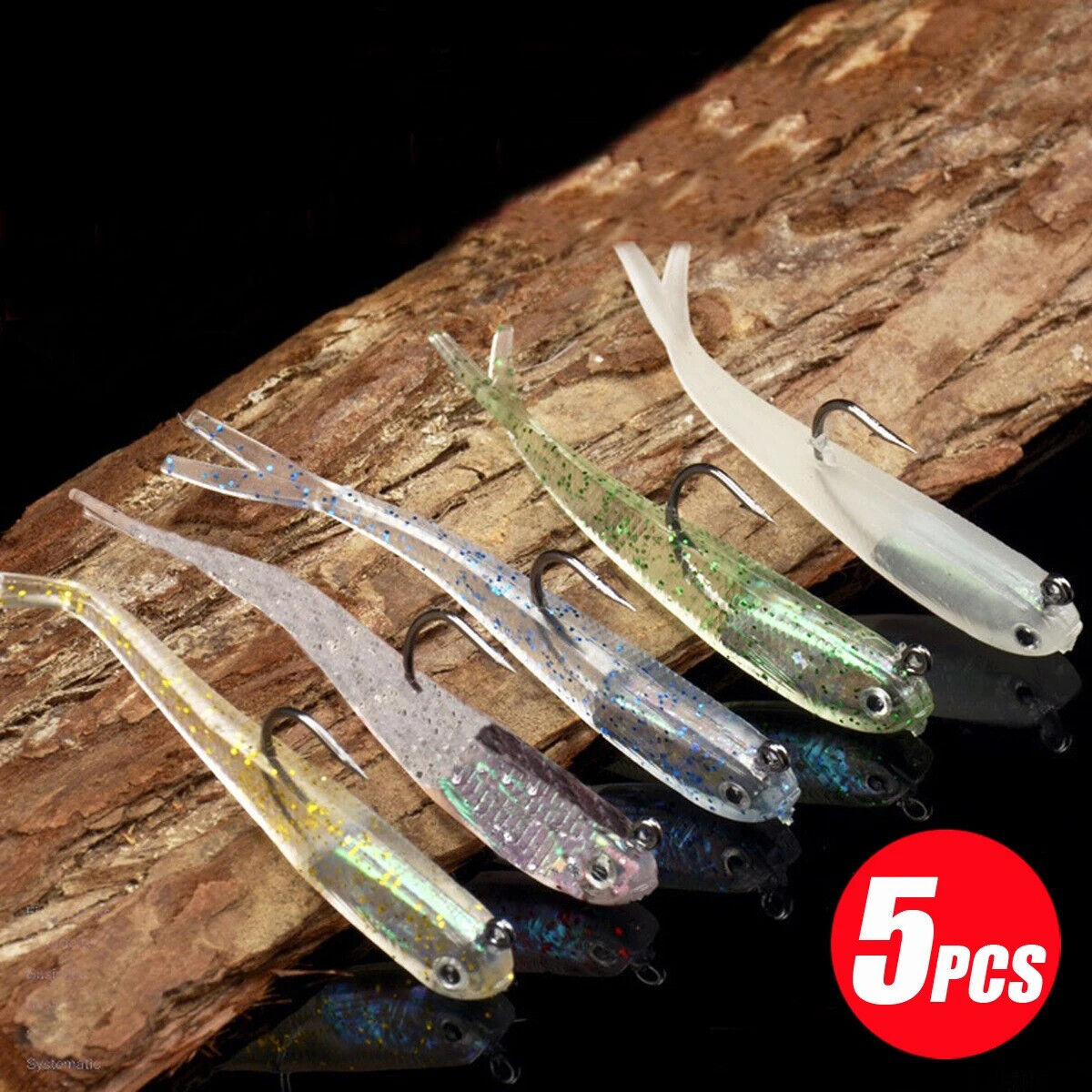 5 x SOFT FISHING LURES SET 7.5cm, HOOKS