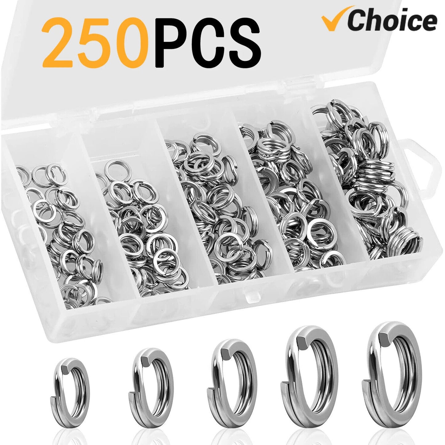 250 x STAINLESS STEEL SPLIT RINGS 5 SIZES HIGH STRENGTH FISHING LURE CONNECTOR