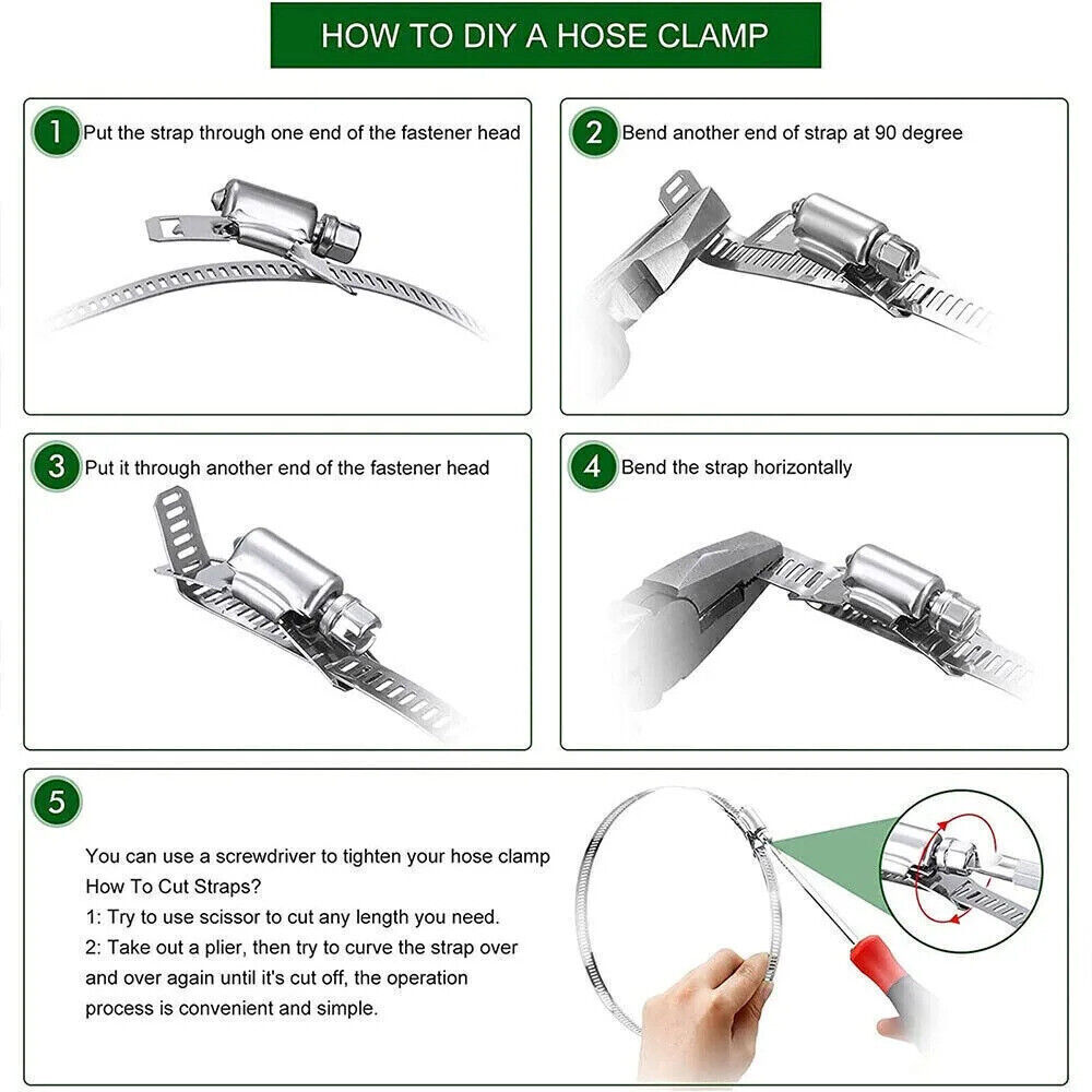 9.8FT ADJUSTABLE HOSE CLAMP, 6 FASTENERS, WORM GEAR STAINLESS STEEL