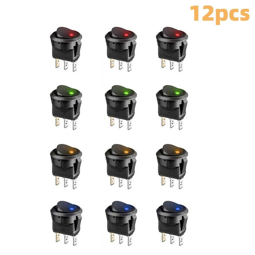 12 x ROUND ROCKER SWITCH LED 12V SPST LIGHT UP TOGGLE