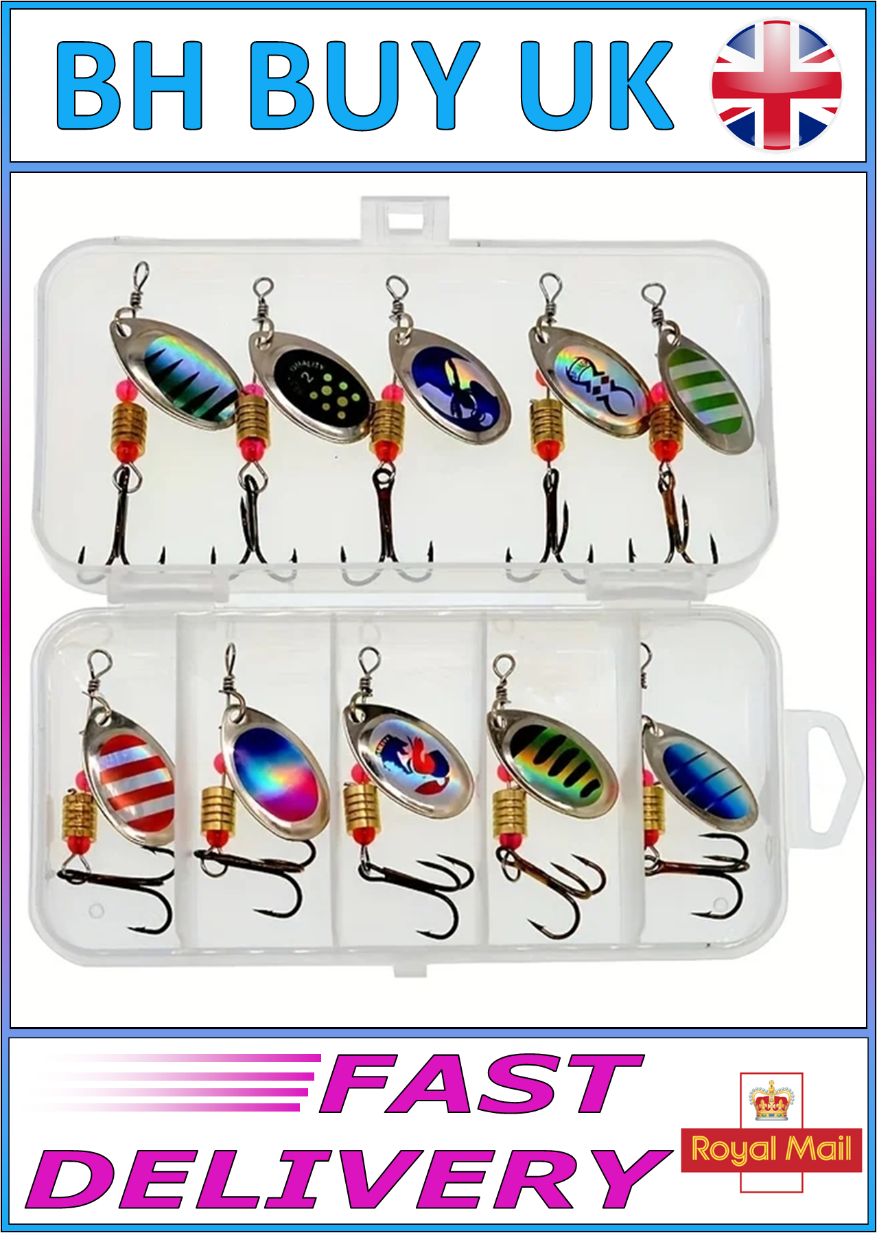 10 x SPINNER FISHING LURES SET IN CASE