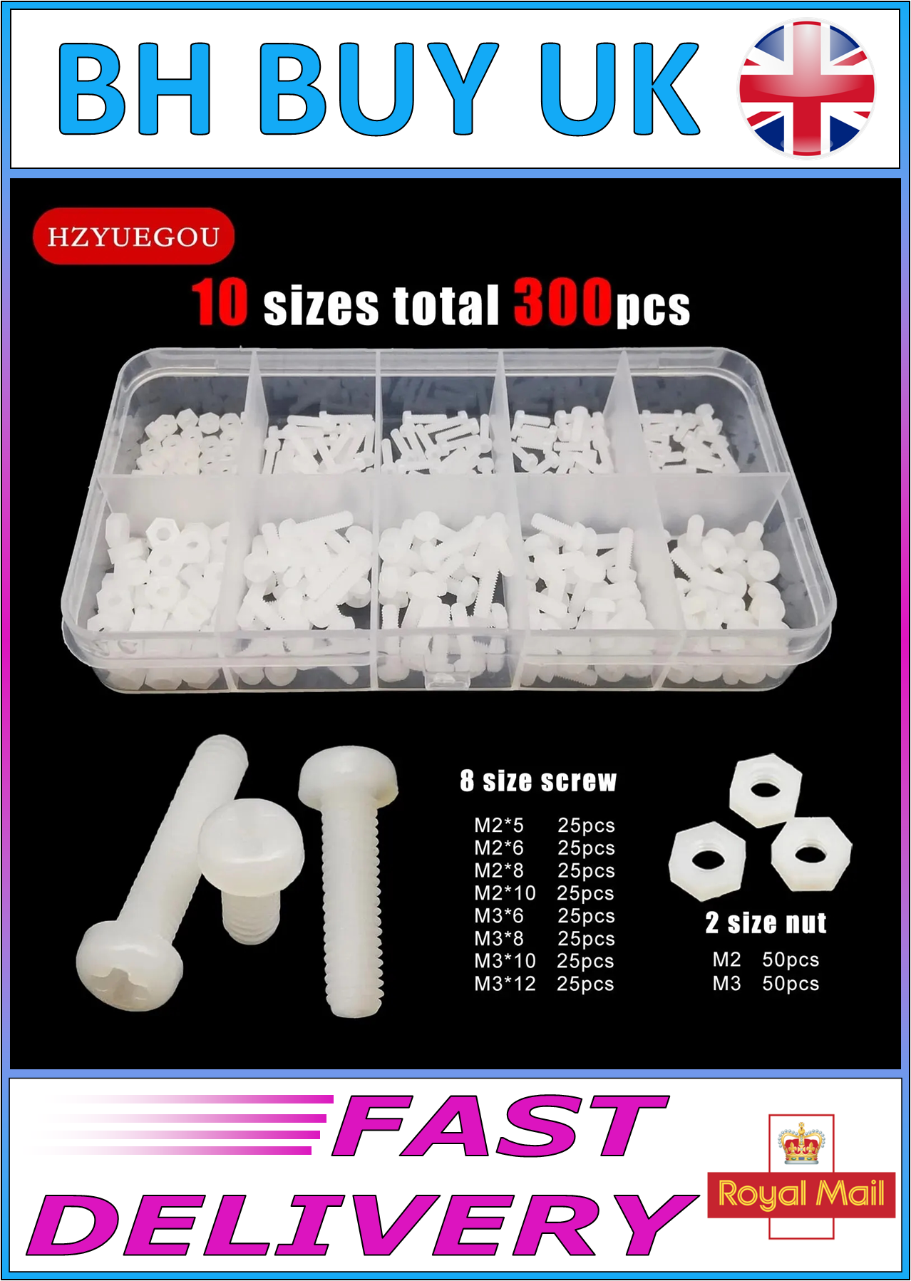 300 x NYLON PHILIPS ROUND HEAD SCREW SET, M2 M2.5 M3 WHITE GASKET PLASTIC NUT