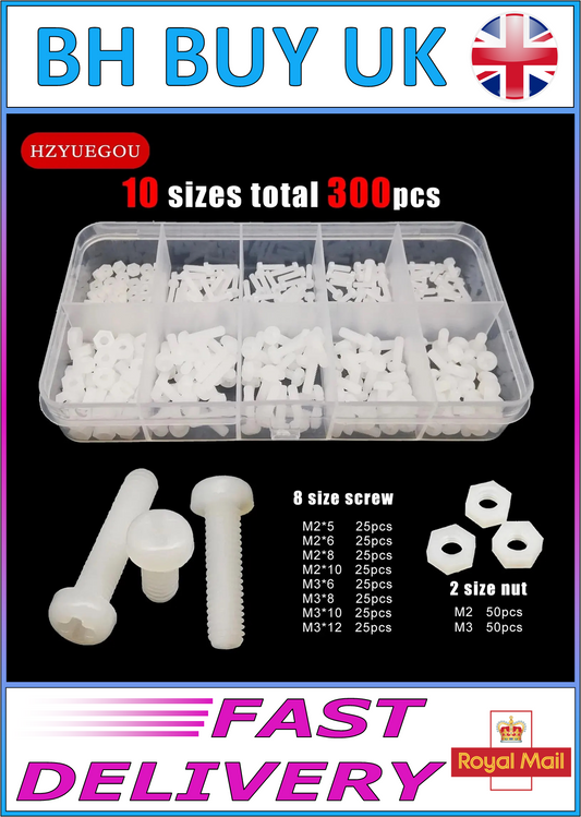 300 x NYLON PHILIPS ROUND HEAD SCREW SET, M2 M2.5 M3 WHITE GASKET PLASTIC NUT