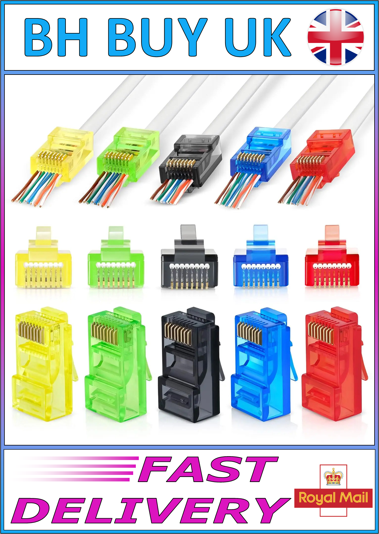 50 x COLOURED RJ45 CAT6 CONNECTOR GOLD PLATED PASS THROUGH ETHERNET