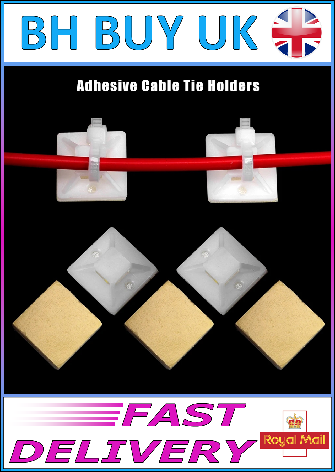 100 x SELF ADHESIVE CABLE TIE FIXINGS