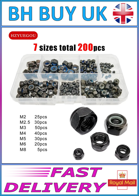 200 x BLACK CARBON STEEL SELF LOCKING NYLON NUT SET, M2 M2.5 M3 M4 M5 M6 M8