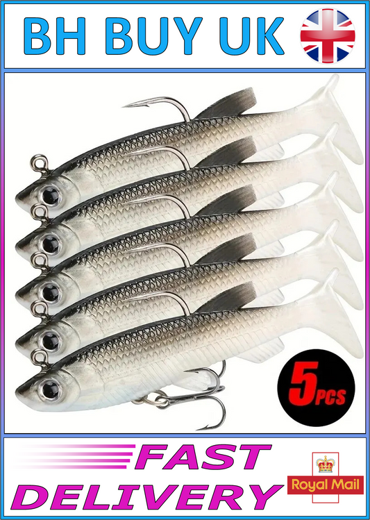 5 x SOFT FISHING LURES SET 8cm, HOOKS