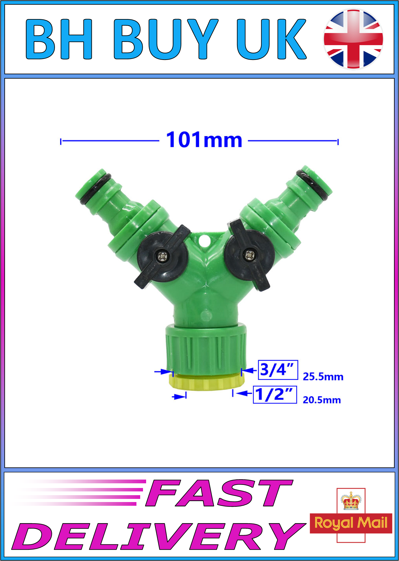 HOSE PIPE FAST CONNECT DOUBLE TAP REGULATOR SPLITTER 3/4 & 1/2 INCH