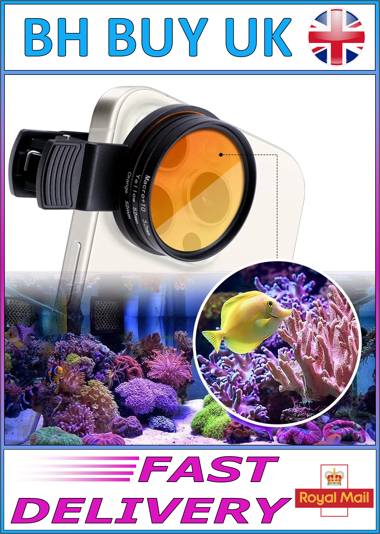 AQUARIUM CLIP ON CAMERA LENSES 52mm IN CASE