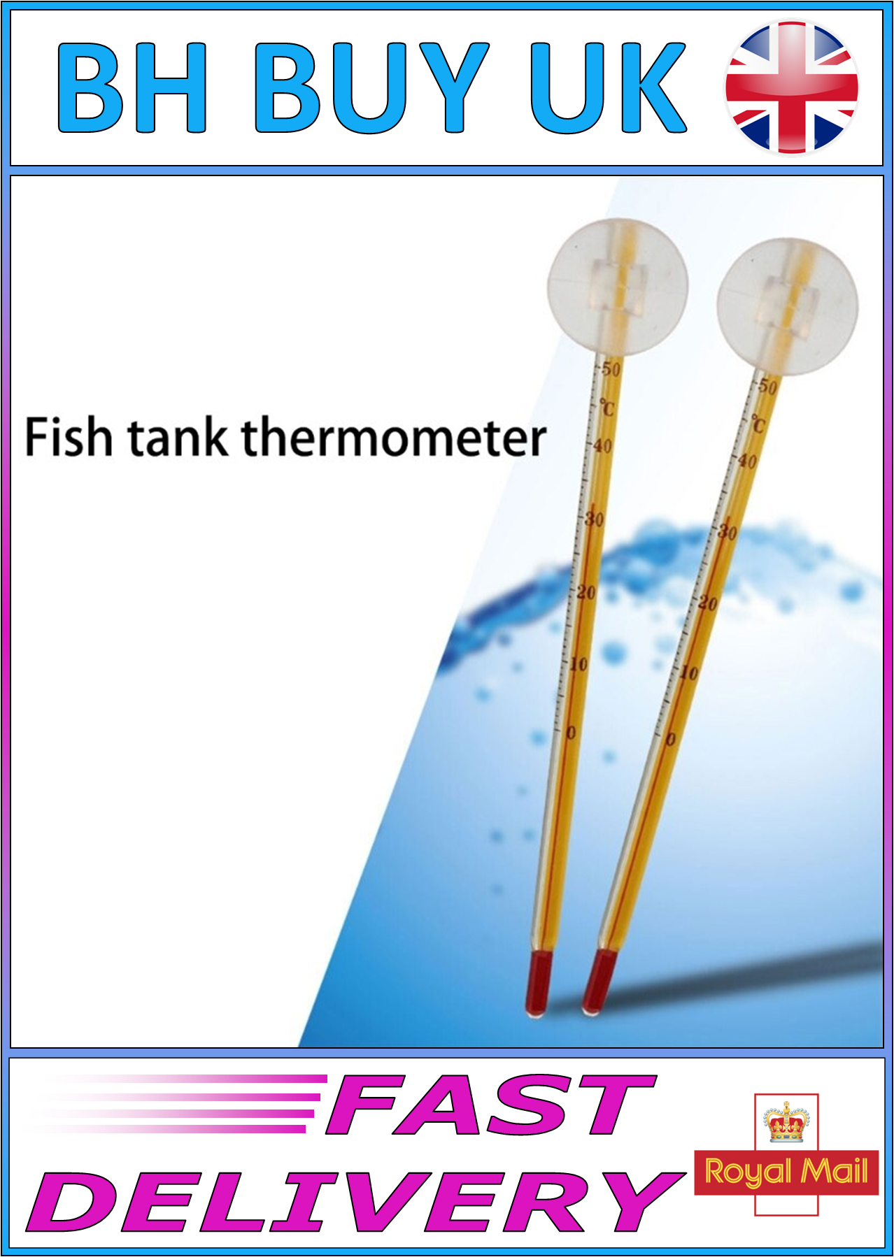 AQUARIUM GLASS 14cm SUCTION THERMOMETER CLEAR & YELLOW