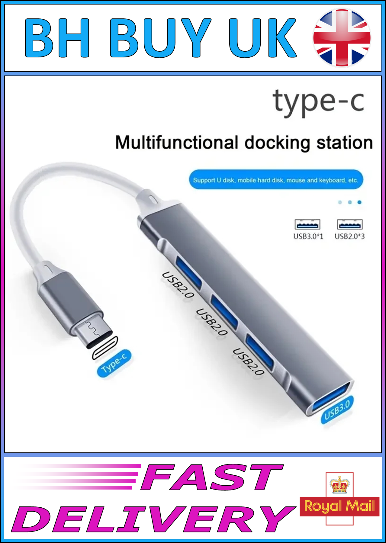 4 PORT USB 3.0 HUB, HIGH SPEED, TYPE C, 2.0 PORTS 5GBPS, PC SPLITTER