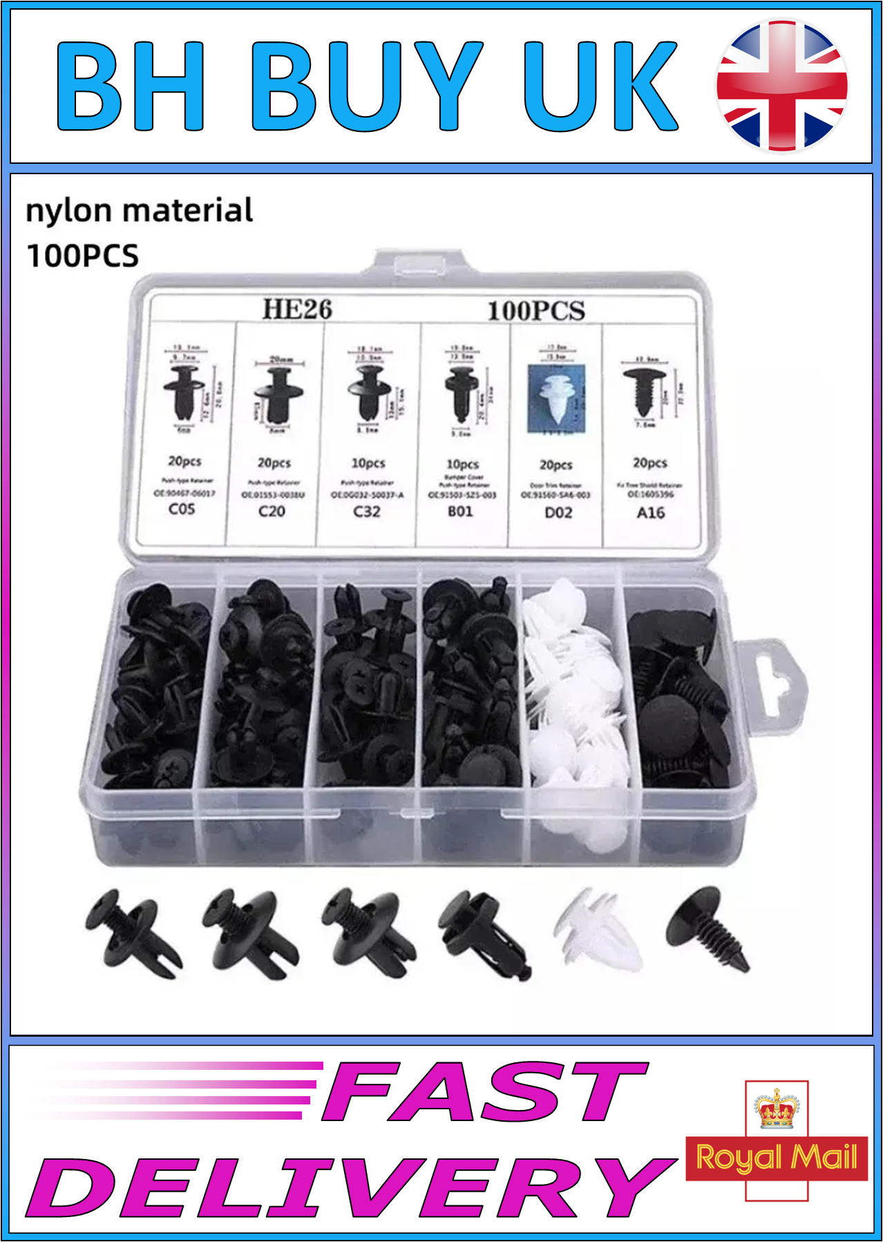 100 x PLASTIC AUTO FASTENER CLIPS KIT