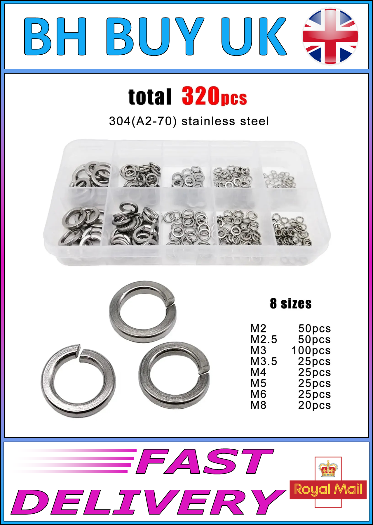 320 x STAINLESS STEEL SPLIT LOCK WASHER SET M2 M2.5 M3 M3.5 M4 M5 M6 M8 M10