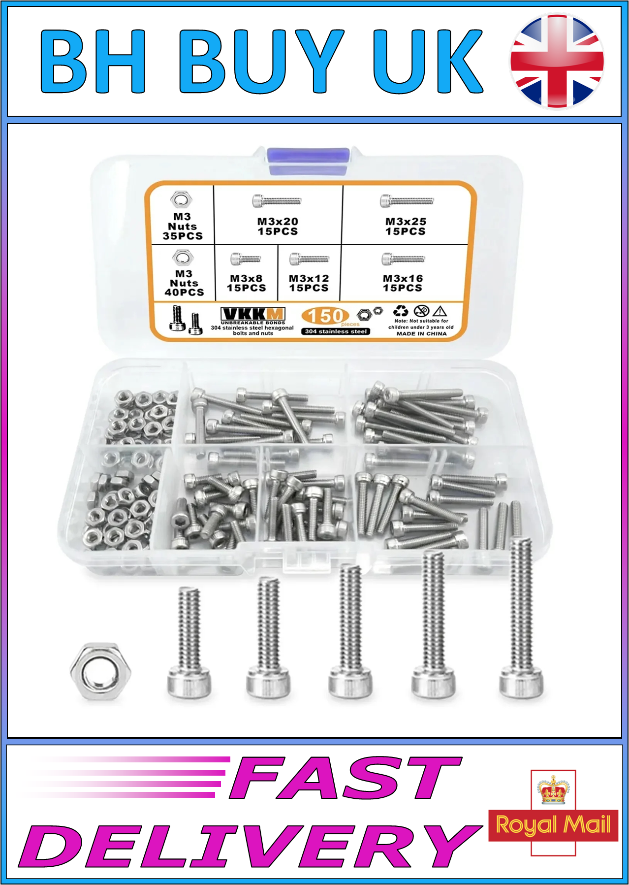 150 x STAINLESS STEEL HEX HEAD SCREWS & NUTS SET M3 SIZE, MIXED BOX