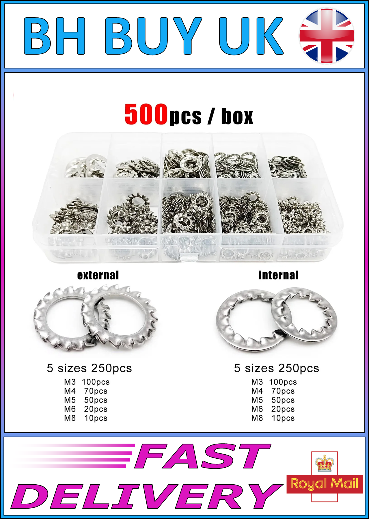 500 x TOOTHED SERRATED LOCK WASHER SET, M3 M4 M5 M8 M7 M8 STAINLESS STEEL