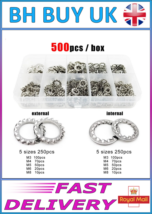 500 x TOOTHED SERRATED LOCK WASHER SET, M3 M4 M5 M8 M7 M8 STAINLESS STEEL