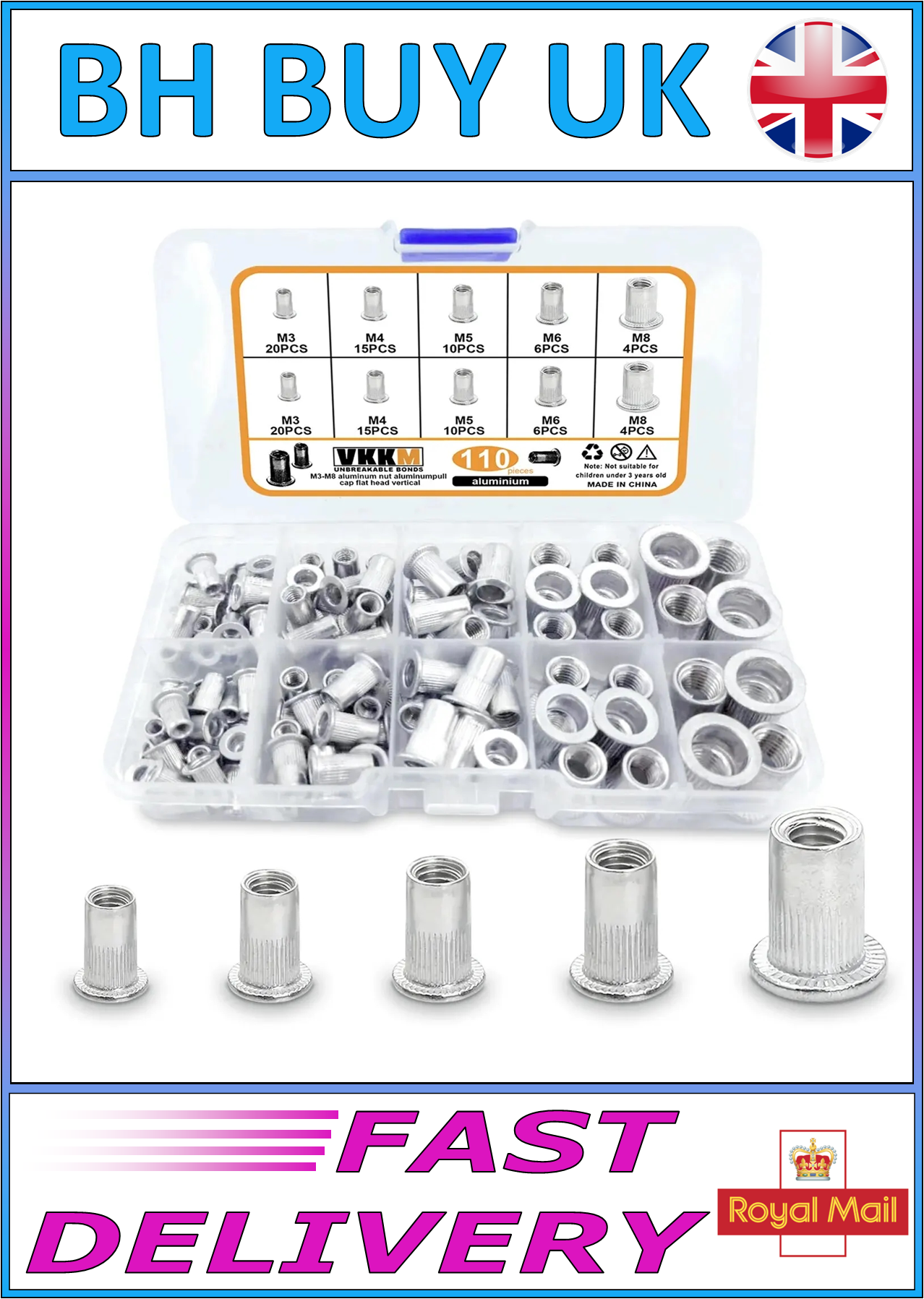 110 x ALUMINIUM RIVETED NUTS, M3 M4 M5 M6 M8, FLAT THREAD NUT ASSEMEMBLY