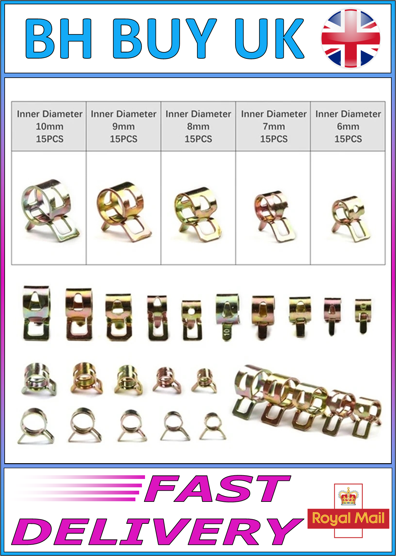 75 x ZINC PLATED SPRING HOSE CLAMPS 6 7 8 9 10mm