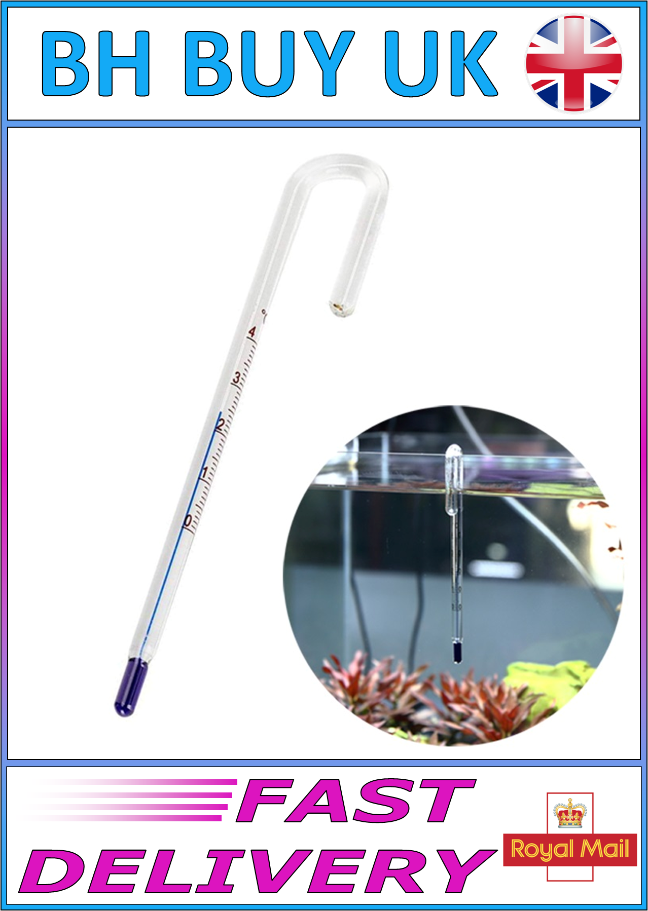 AQUARIUM HOOK GLASS THERMOMETER 6 & 12mm