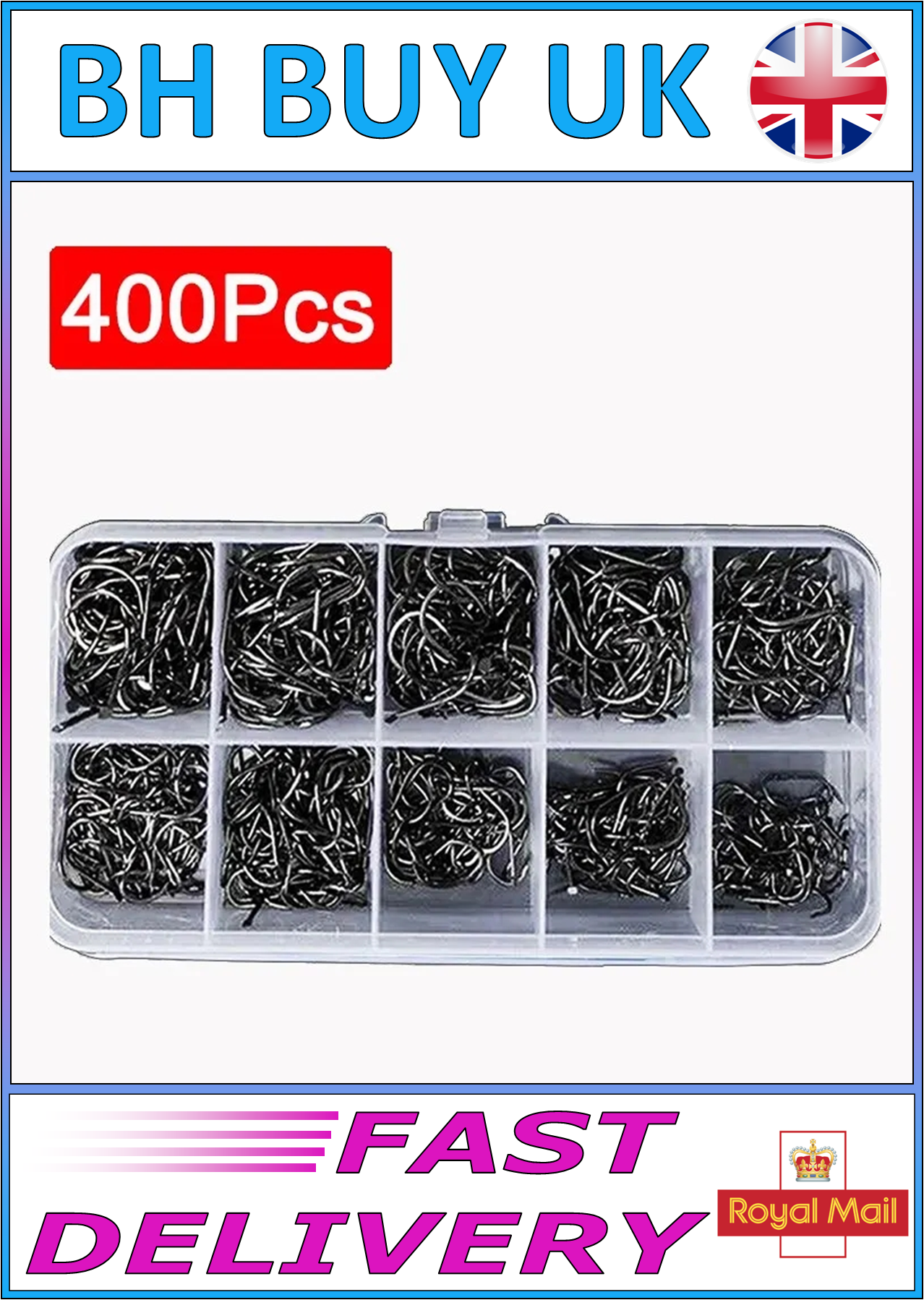 400 x HIGH CARBON STEEL FISHING HOOKS IN BOX