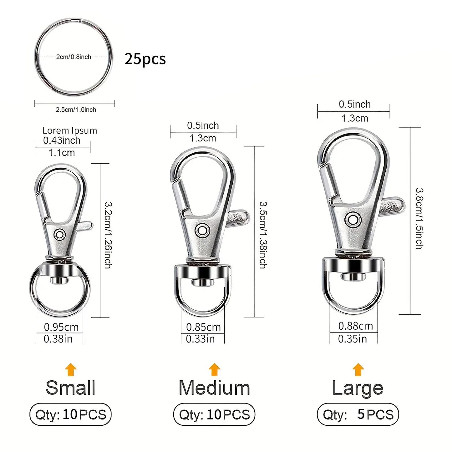 50 x MIXED SIZE SWIVEL SNAP HOOK KEYRINGS