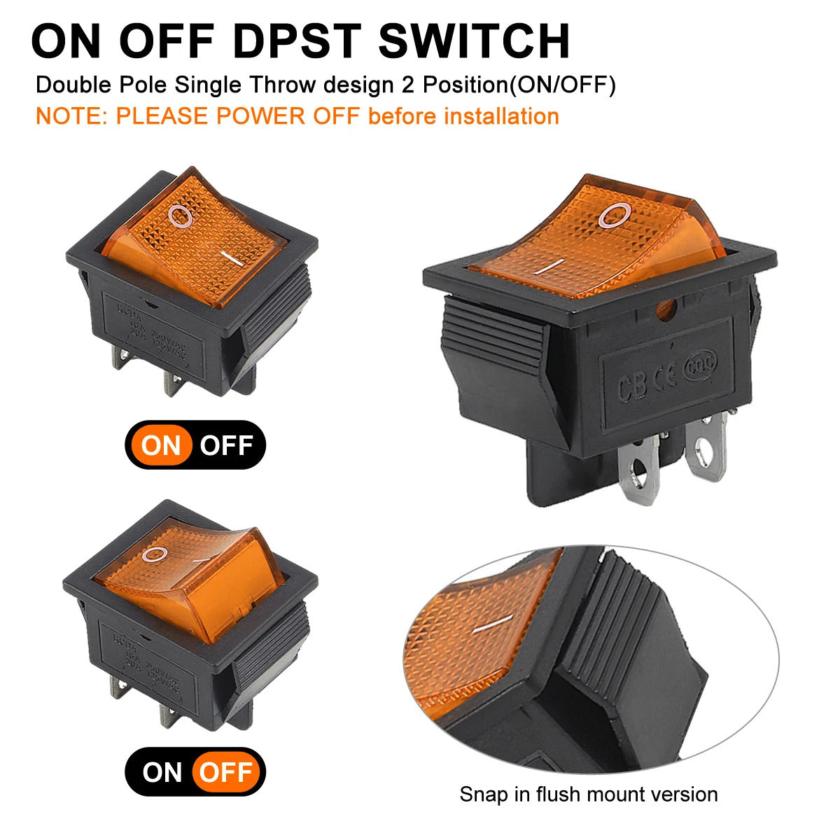 10 x 250V 10A ROCKER SWITCH DPST 4 PIN RED LIGHT