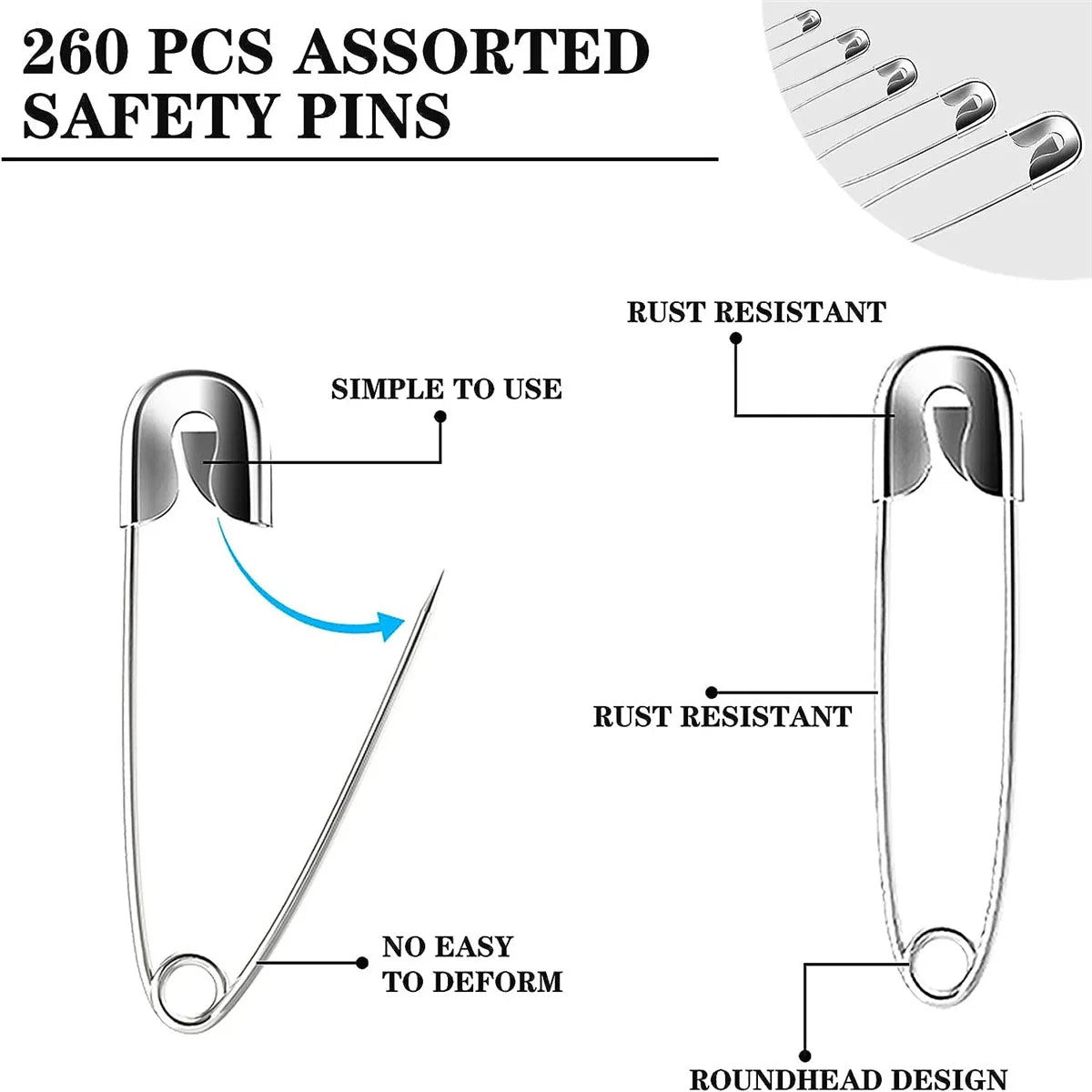 260 x SAFETY PIN PACK MIXED SIZES