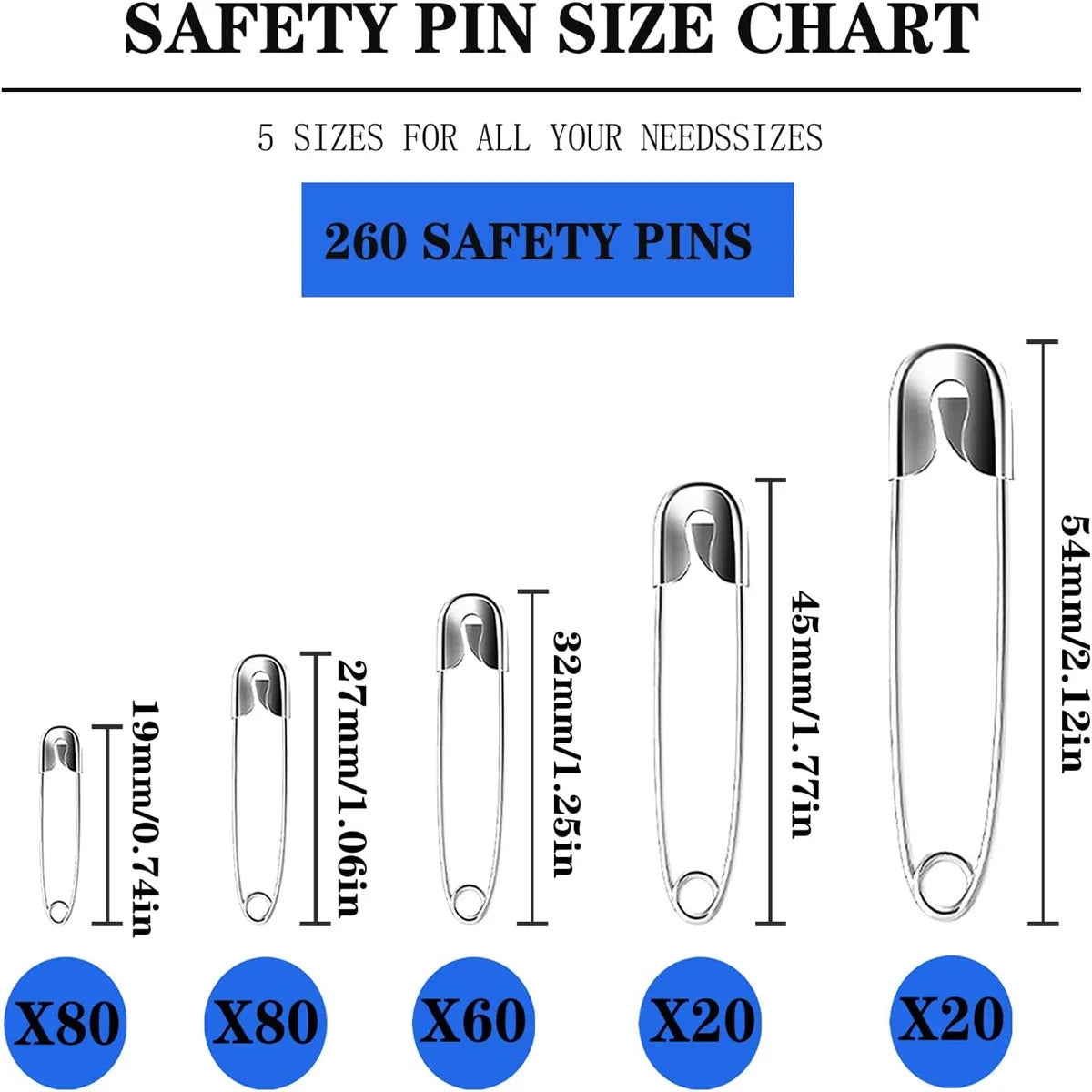 260 x SAFETY PIN PACK MIXED SIZES