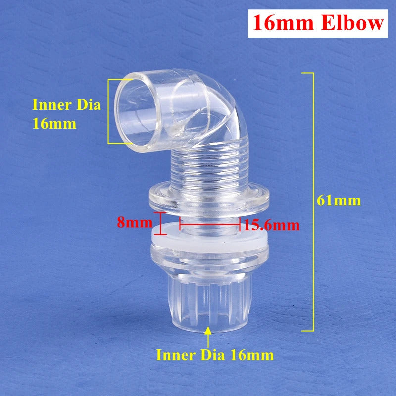 AQUARIUM TRANSPARENT STRAIGHT & ELBOW TANK CONNECTORS 16mm & 20mm