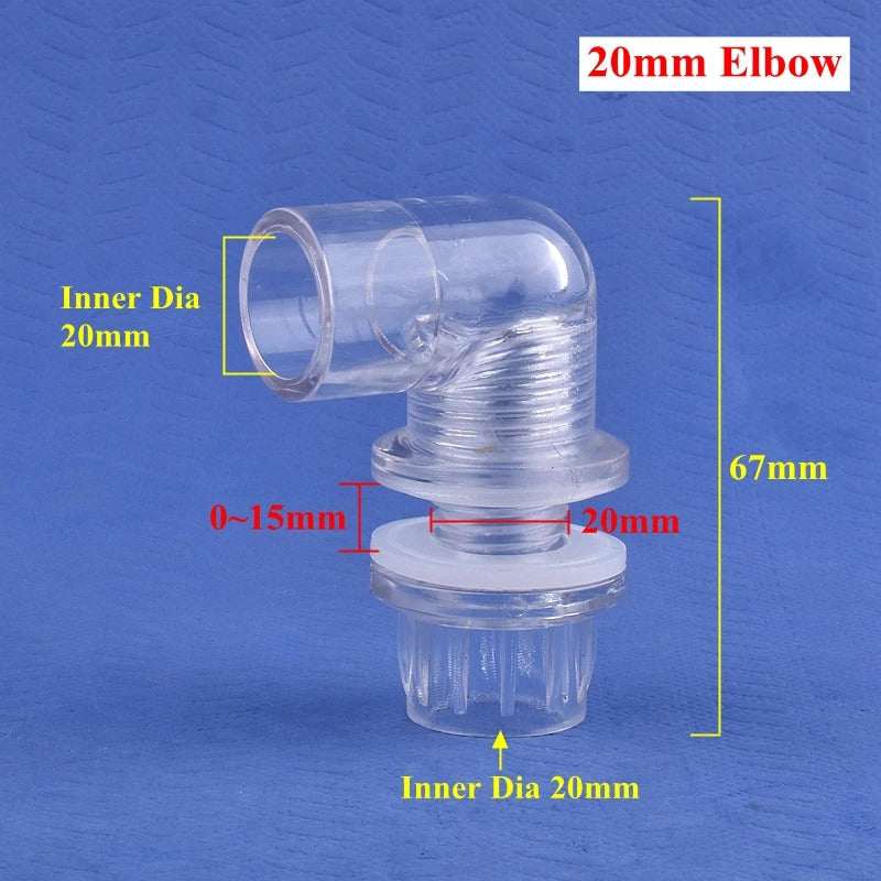 AQUARIUM TRANSPARENT STRAIGHT & ELBOW TANK CONNECTORS 16mm & 20mm