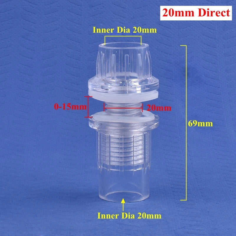 AQUARIUM TRANSPARENT STRAIGHT & ELBOW TANK CONNECTORS 16mm & 20mm